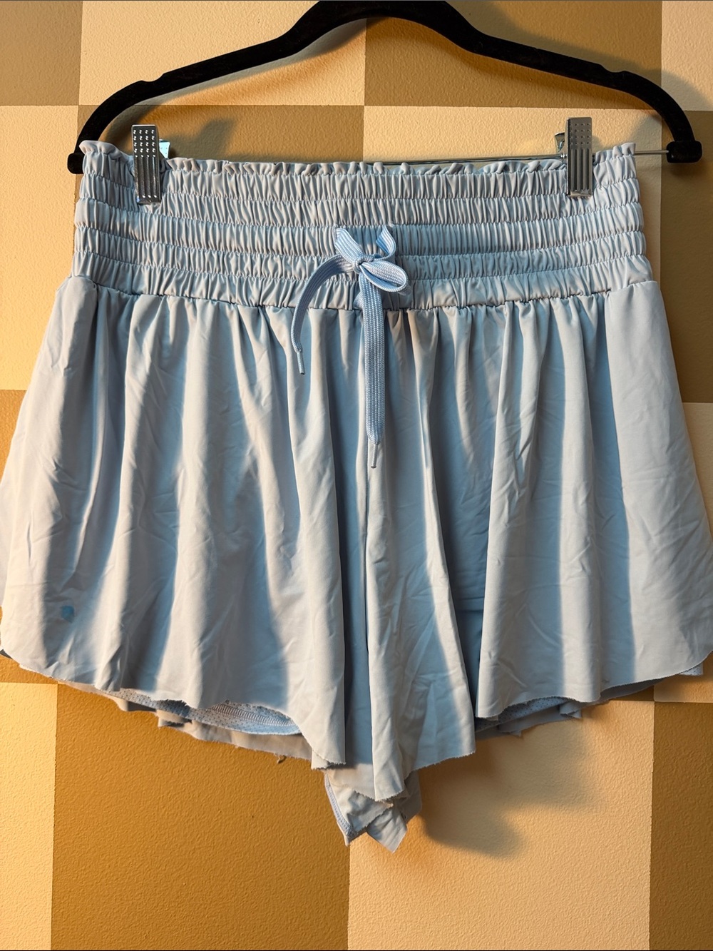 Women’s Light Blue Athletic Shorts with Smocked Waist and Drawstring